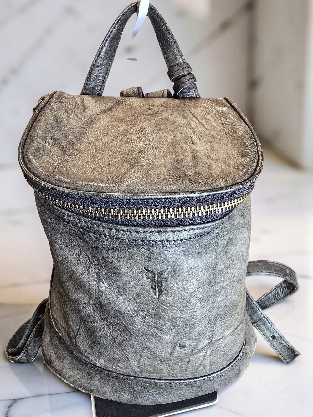 Frye Madison Small Leather Backpack Distressed Stone Grey